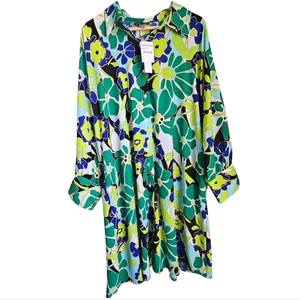 Nordstrom Long Sleeve Floral Shift Dress in Green, Blue & Yellow